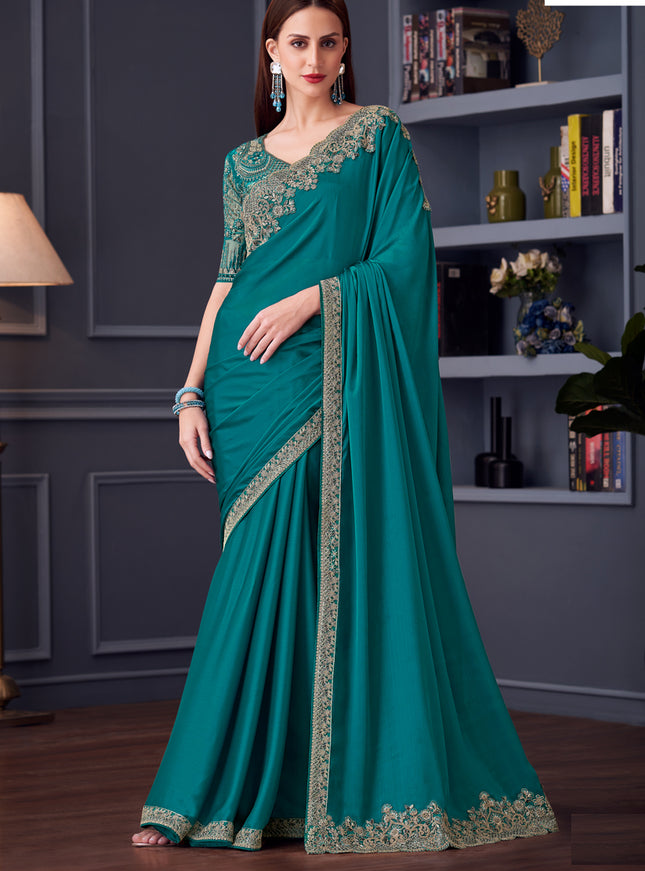 Immaculate Firozi Silk Chiffon Embroidered Designer Wedding Saree
