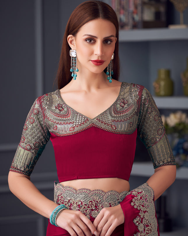 Beautiful Maroon Silk Chiffon Embroidered Designer Wedding Saree