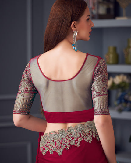 Beautiful Maroon Silk Chiffon Embroidered Designer Wedding Saree