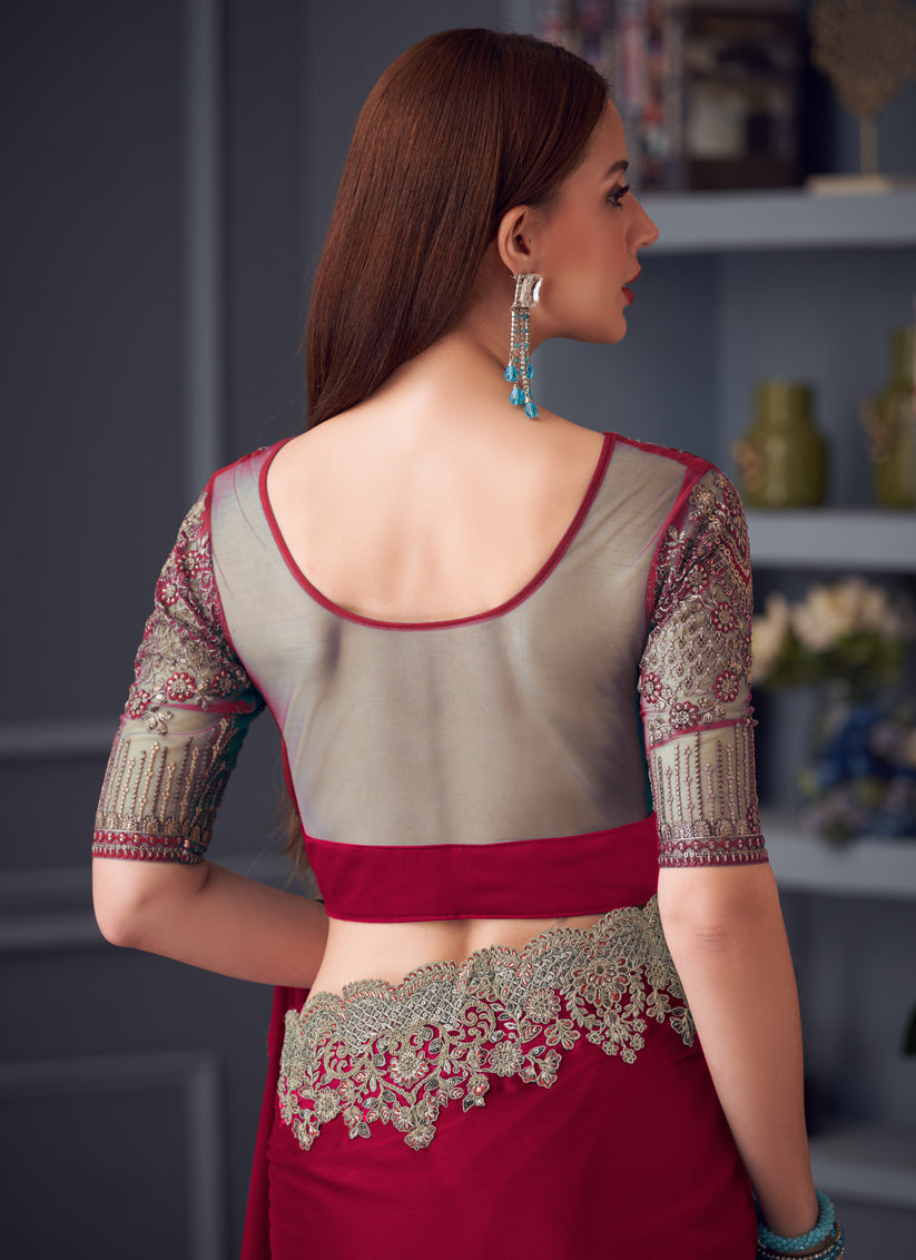 Beautiful Maroon Silk Chiffon Embroidered Designer Wedding Saree