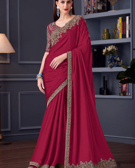 Beautiful Maroon Silk Chiffon Embroidered Designer Wedding Saree