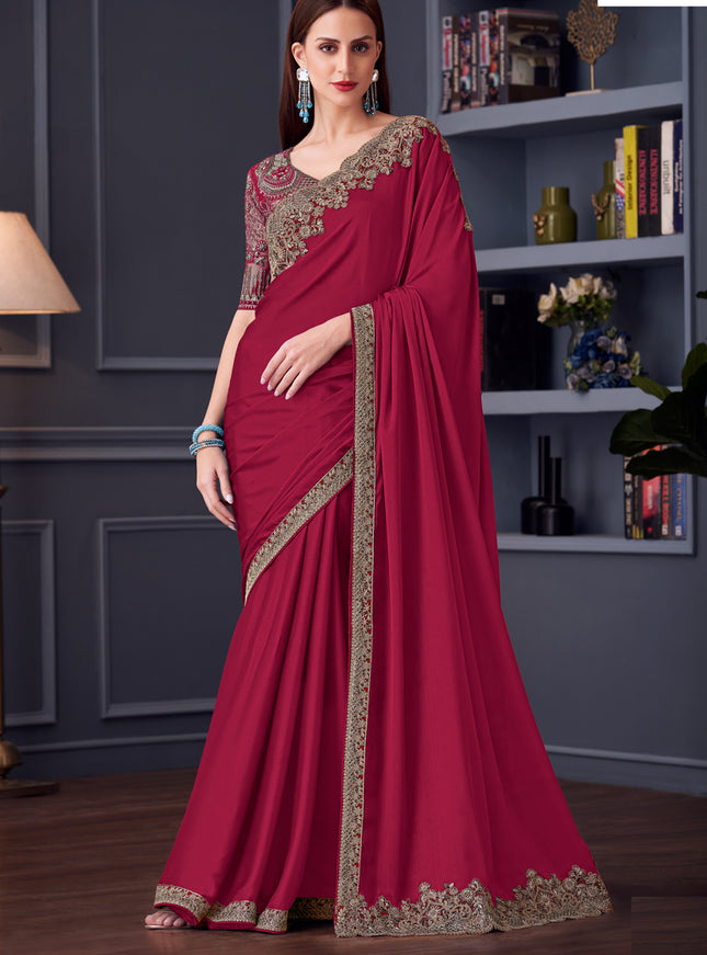 Beautiful Maroon Silk Chiffon Embroidered Designer Wedding Saree