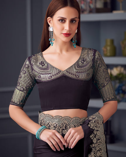 Charming Burgundy Silk Chiffon Embroidered Designer Wedding Saree