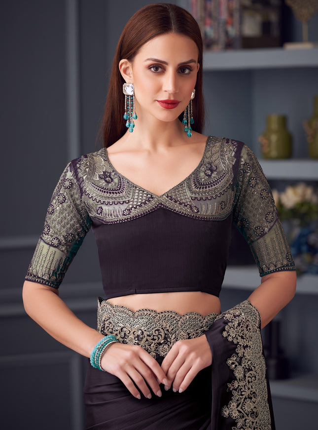 Charming Burgundy Silk Chiffon Embroidered Designer Wedding Saree