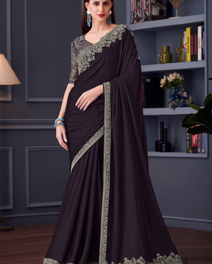 Charming Burgundy Silk Chiffon Embroidered Designer Wedding Saree