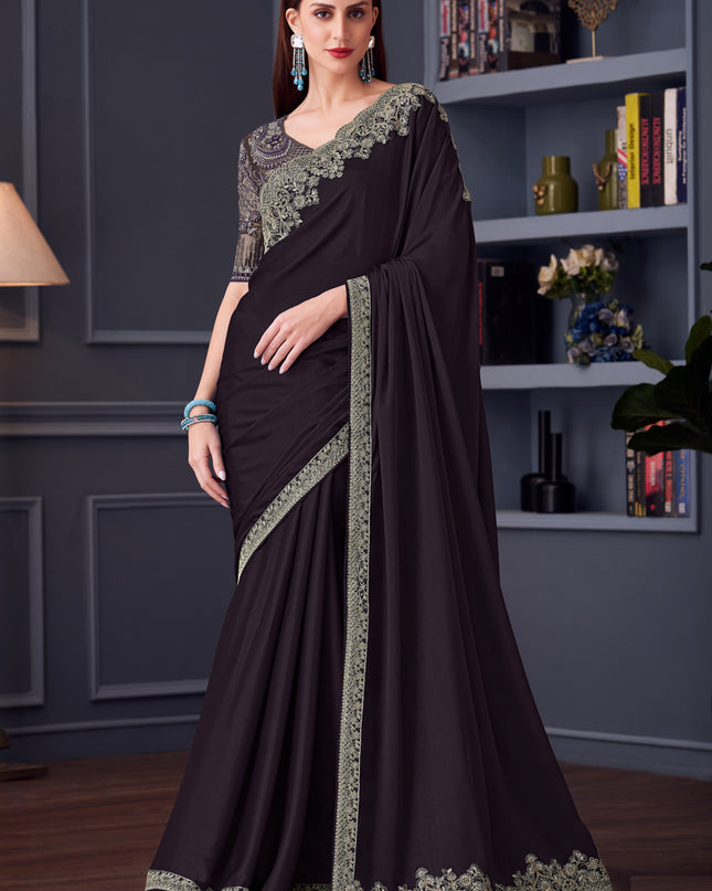 Charming Burgundy Silk Chiffon Embroidered Designer Wedding Saree