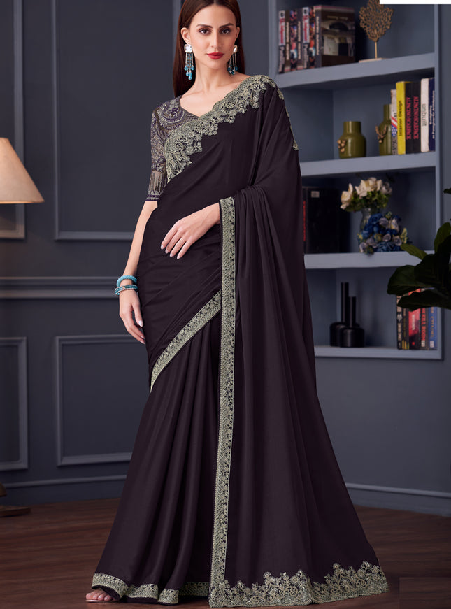 Charming Burgundy Silk Chiffon Embroidered Designer Wedding Saree
