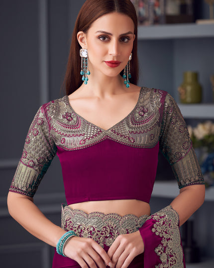 Attractive Wine Silk Chiffon Embroidered Designer Wedding Saree