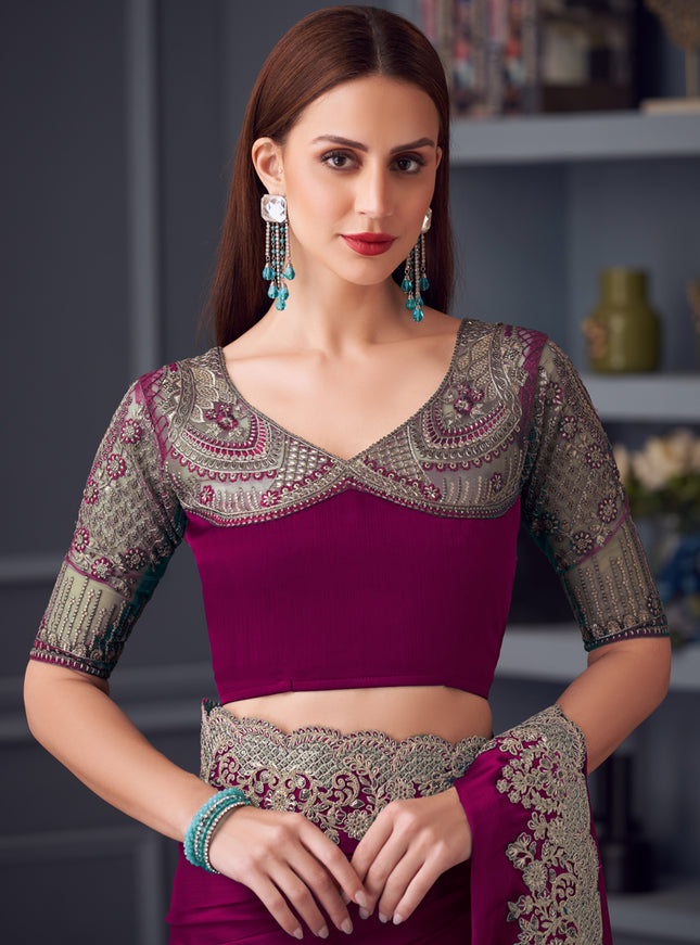 Attractive Wine Silk Chiffon Embroidered Designer Wedding Saree