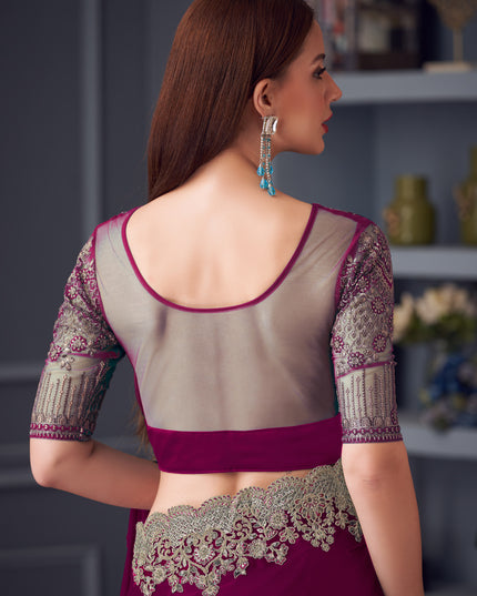 Attractive Wine Silk Chiffon Embroidered Designer Wedding Saree