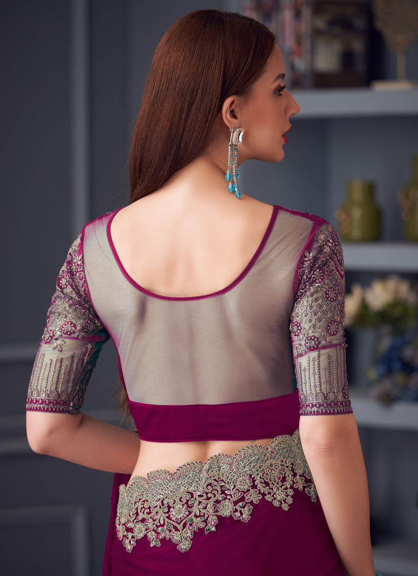 Attractive Wine Silk Chiffon Embroidered Designer Wedding Saree