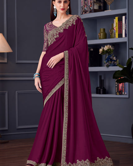 Attractive Wine Silk Chiffon Embroidered Designer Wedding Saree