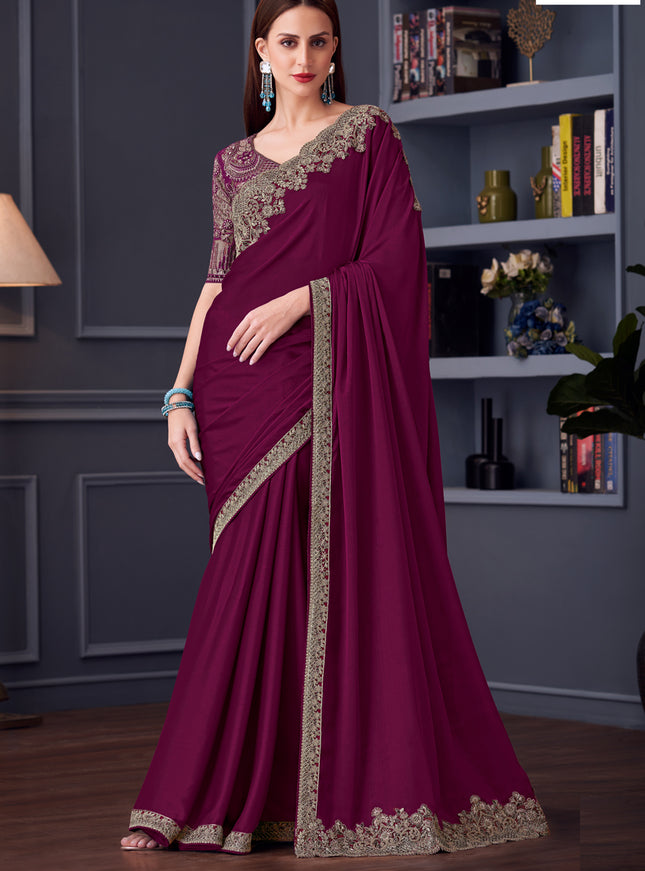 Attractive Wine Silk Chiffon Embroidered Designer Wedding Saree
