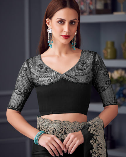 Stylish Black Silk Chiffon Embroidered Designer Wedding Saree