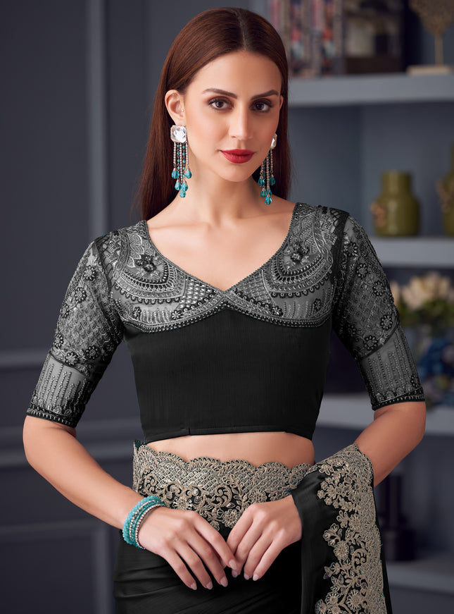 Stylish Black Silk Chiffon Embroidered Designer Wedding Saree