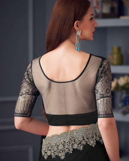 Stylish Black Silk Chiffon Embroidered Designer Wedding Saree