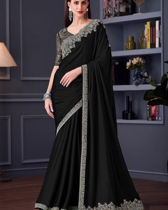 Stylish Black Silk Chiffon Embroidered Designer Wedding Saree