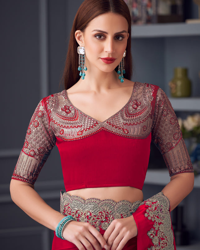 Amazing Cherry Red Silk Chiffon Embroidered Designer Wedding Saree