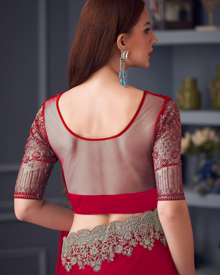 Amazing Cherry Red Silk Chiffon Embroidered Designer Wedding Saree