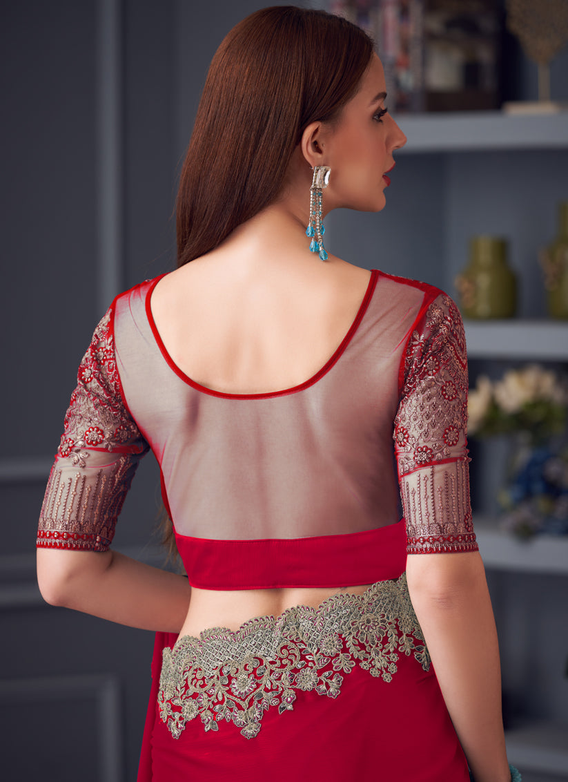 Amazing Cherry Red Silk Chiffon Embroidered Designer Wedding Saree
