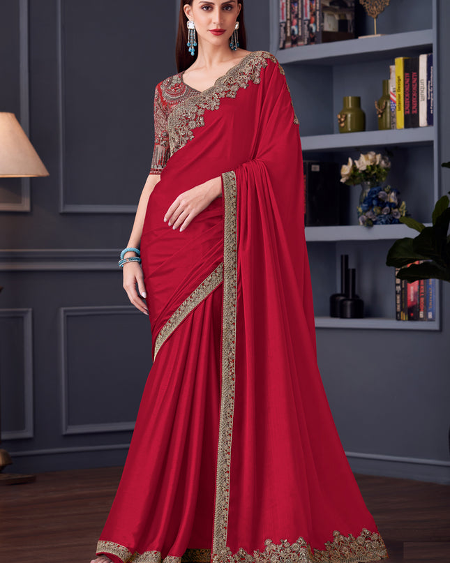 Amazing Cherry Red Silk Chiffon Embroidered Designer Wedding Saree