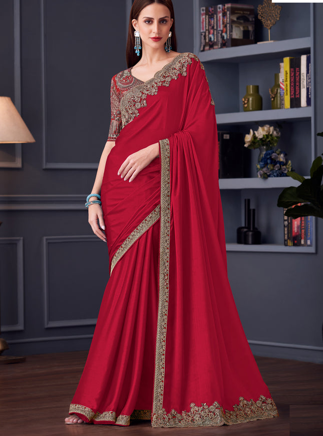 Amazing Cherry Red Silk Chiffon Embroidered Designer Wedding Saree