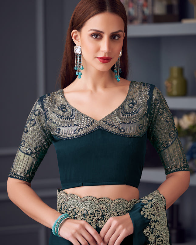 Delicate Peacock Blue Silk Chiffon Embroidered Designer Wedding Saree