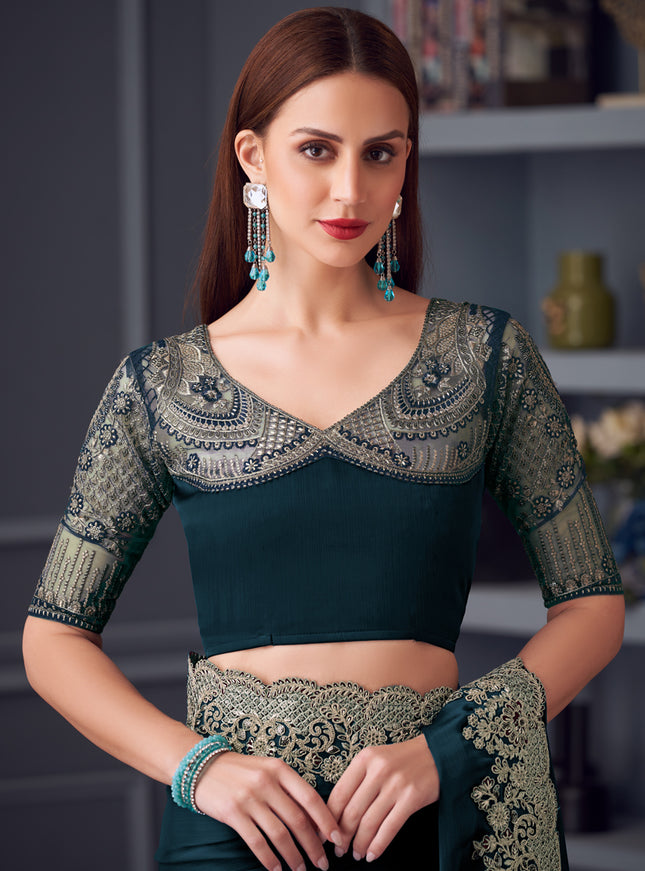 Delicate Peacock Blue Silk Chiffon Embroidered Designer Wedding Saree