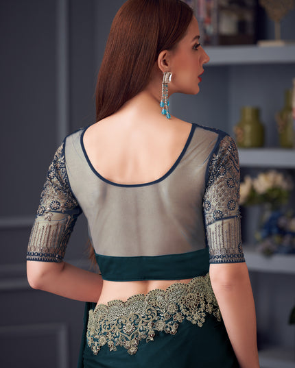 Delicate Peacock Blue Silk Chiffon Embroidered Designer Wedding Saree