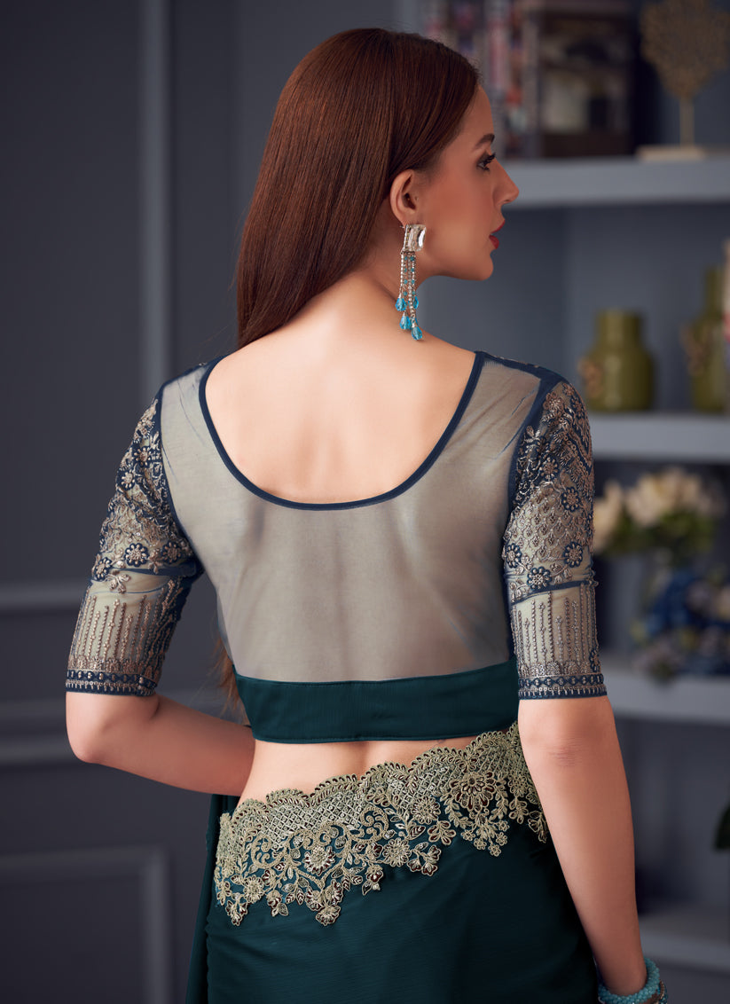 Delicate Peacock Blue Silk Chiffon Embroidered Designer Wedding Saree