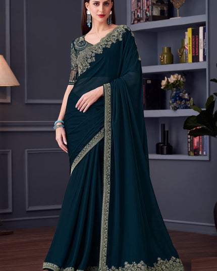 Delicate Peacock Blue Silk Chiffon Embroidered Designer Wedding Saree