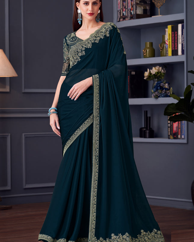 Delicate Peacock Blue Silk Chiffon Embroidered Designer Wedding Saree