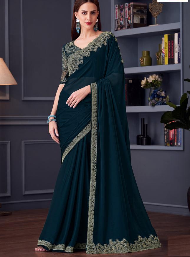 Delicate Peacock Blue Silk Chiffon Embroidered Designer Wedding Saree