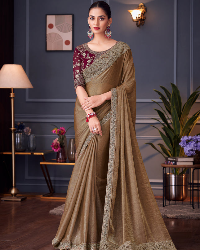 Sweet Snuff Brown Double Tone Silk Embroidered Wedding Saree