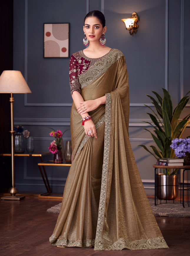 Sweet Snuff Brown Double Tone Silk Embroidered Wedding Saree