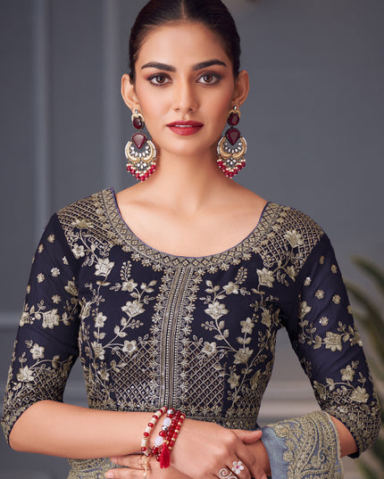 Adorable Steel Grey Double Tone Silk Embroidered Wedding Saree