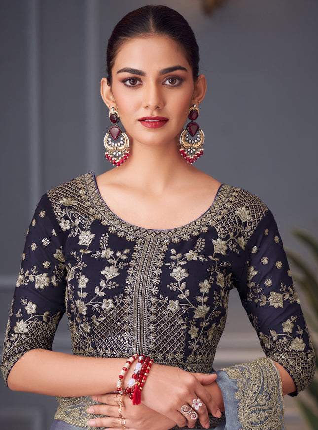 Adorable Steel Grey Double Tone Silk Embroidered Wedding Saree