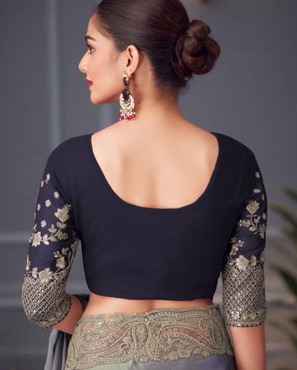 Adorable Steel Grey Double Tone Silk Embroidered Wedding Saree