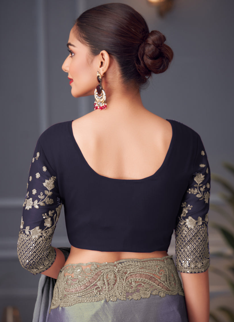 Adorable Steel Grey Double Tone Silk Embroidered Wedding Saree
