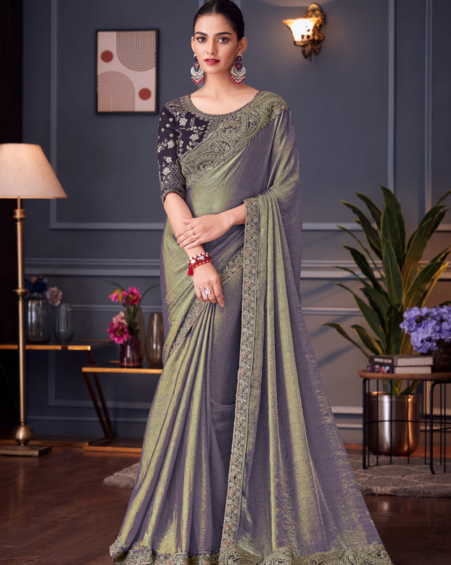 Adorable Steel Grey Double Tone Silk Embroidered Wedding Saree