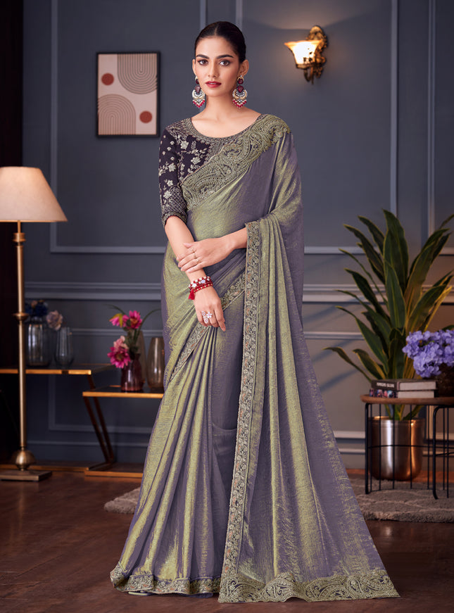 Adorable Steel Grey Double Tone Silk Embroidered Wedding Saree