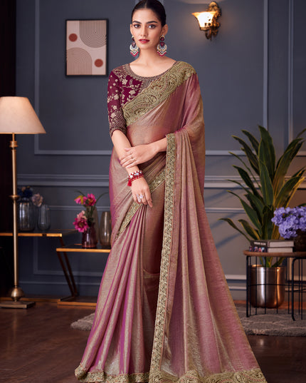 Alluring Old Rose Double Tone Silk Embroidered Wedding Saree