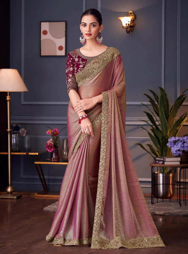 Alluring Old Rose Double Tone Silk Embroidered Wedding Saree