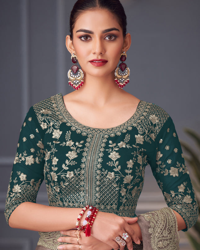 Captivating Dusty Grey Double Tone Silk Embroidered Wedding Saree