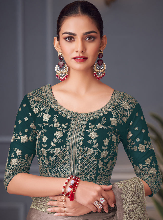 Captivating Dusty Grey Double Tone Silk Embroidered Wedding Saree