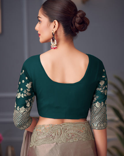 Captivating Dusty Grey Double Tone Silk Embroidered Wedding Saree