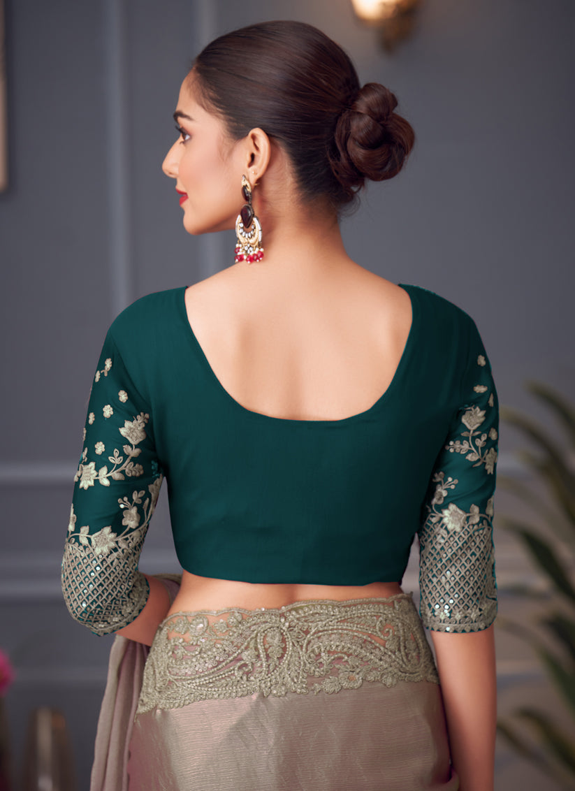 Captivating Dusty Grey Double Tone Silk Embroidered Wedding Saree