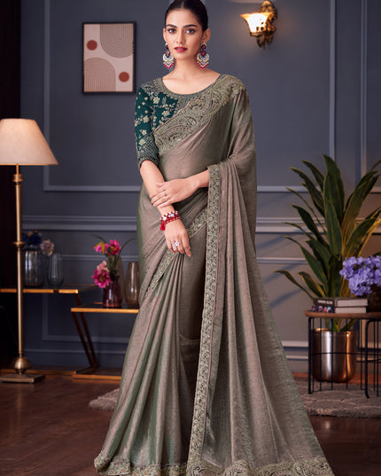 Captivating Dusty Grey Double Tone Silk Embroidered Wedding Saree