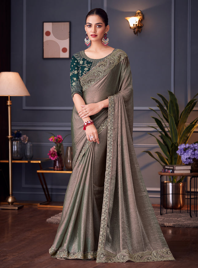 Captivating Dusty Grey Double Tone Silk Embroidered Wedding Saree