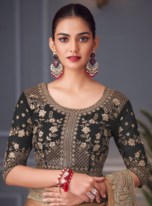 Mesmerizing Taupe Double Tone Silk Embroidered Wedding Saree